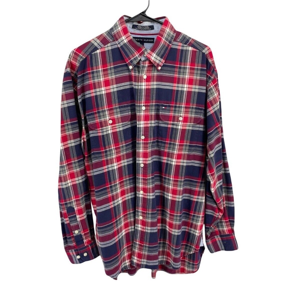 Tommy Hilfiger Red Flannel‎ Plaid Button Down Shirt Mens Large L/S Casual Cotton